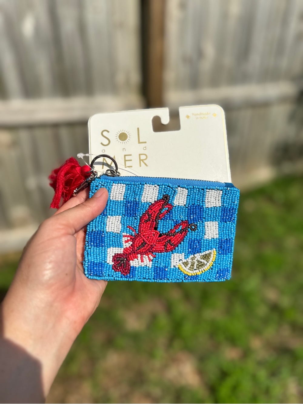 SOL & MER Blue Beaded Lobster Coin Pouch with Red Tassel
